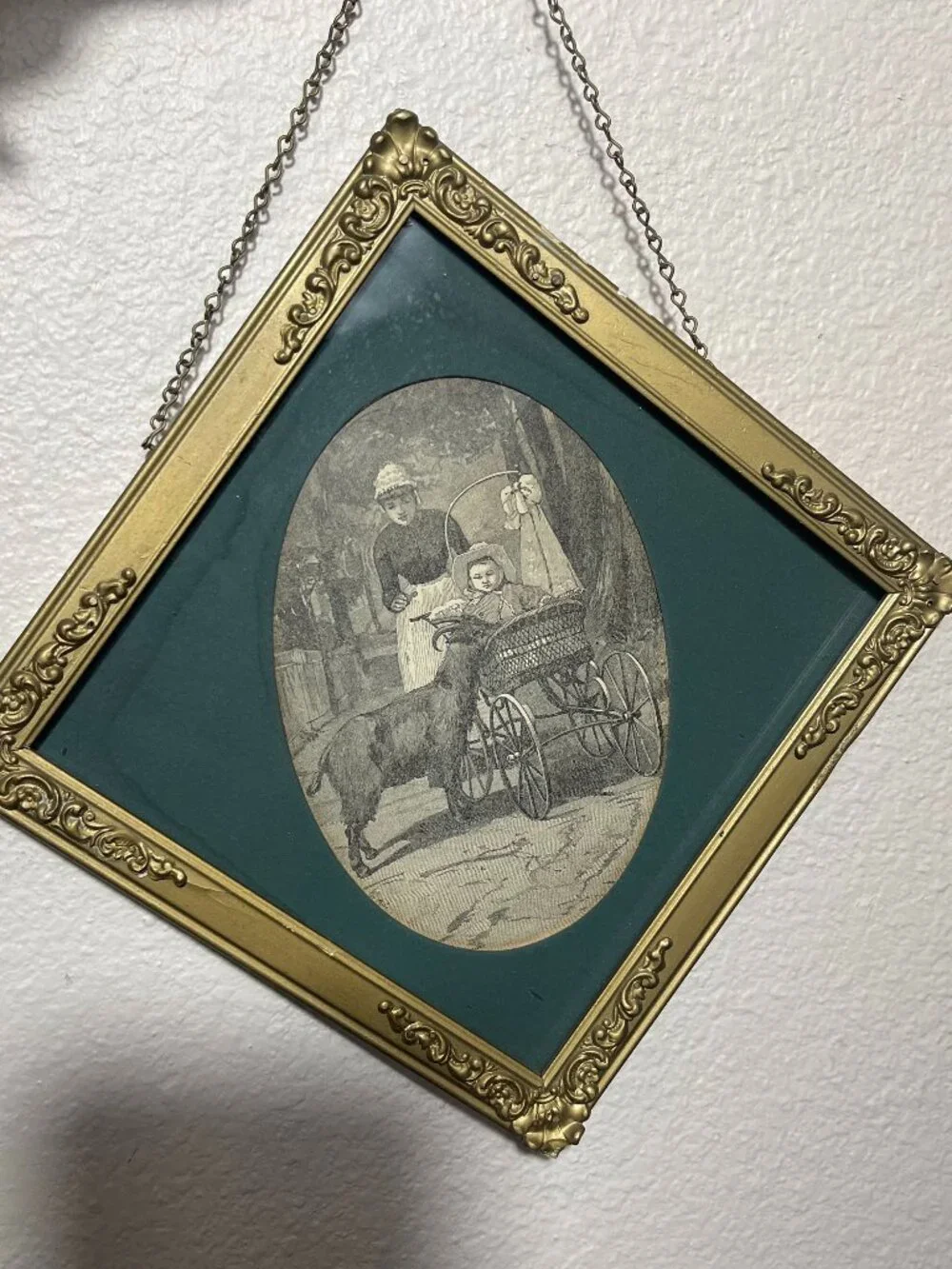 Diamond-shaped Faux Metal Gold Picture Frame Blk&WHT Print Child Goat 6.75x6.75